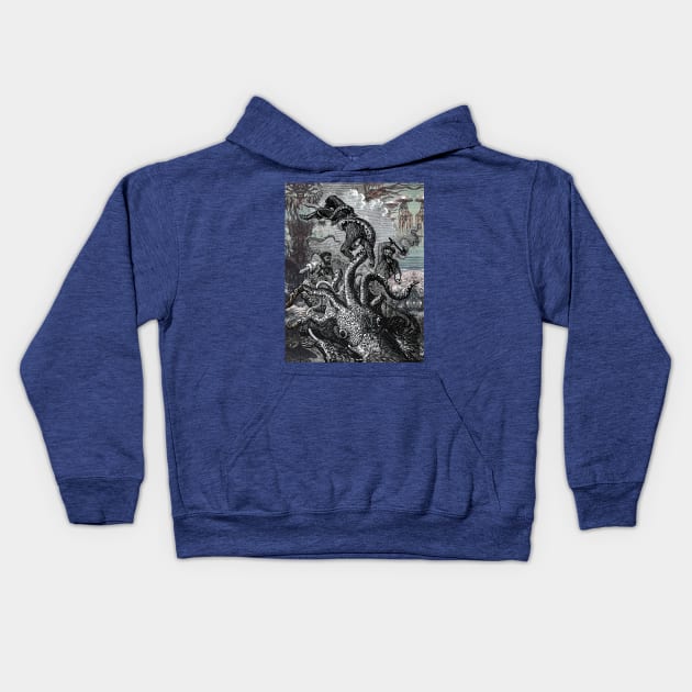 GIANT SQUID GRASPS A SAILOR Thousand Leagues Under the Sea Crespo Island Kids Hoodie by BulganLumini